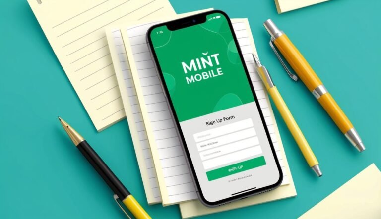 Mint Mobile sign-up form on a smartphone, with pens and notepad