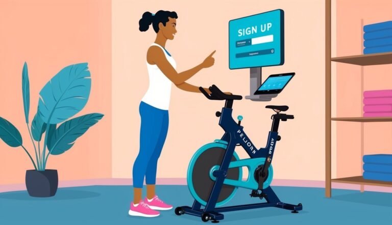 Woman signing up for a fitness class on a Peloton bike