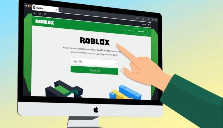 Roblox website on a computer screen with a hand pointing at the screen