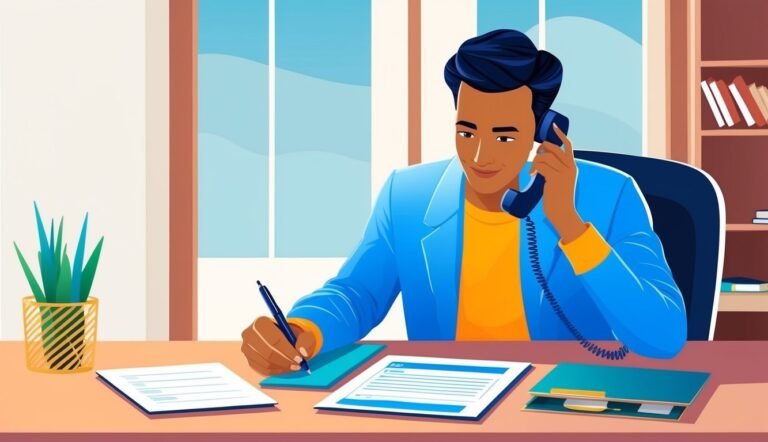 Man in blue jacket on phone, writing at desk with documents