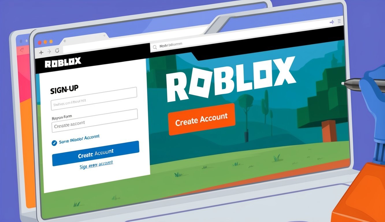 A computer screen showing the Roblox website with a sign-up form and a cursor clicking on the "Create account" button