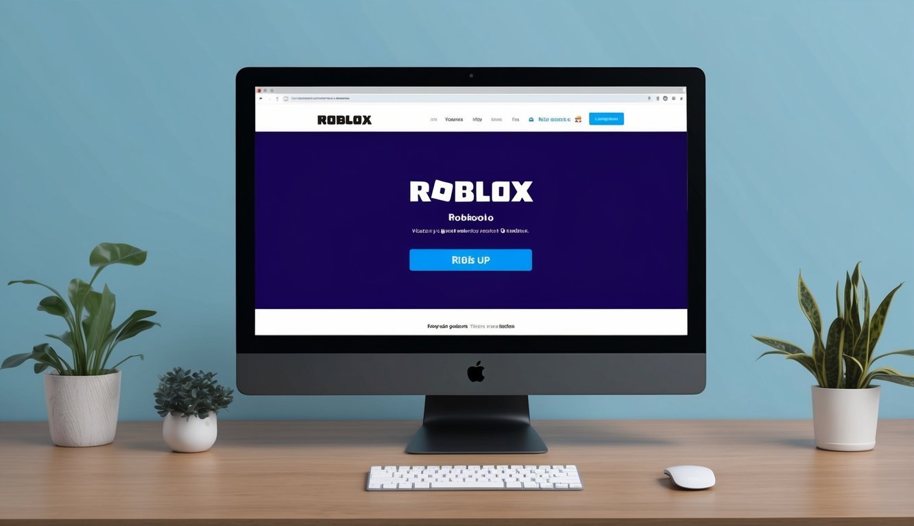 A computer screen displaying the Roblox homepage with a sign-up button highlighted