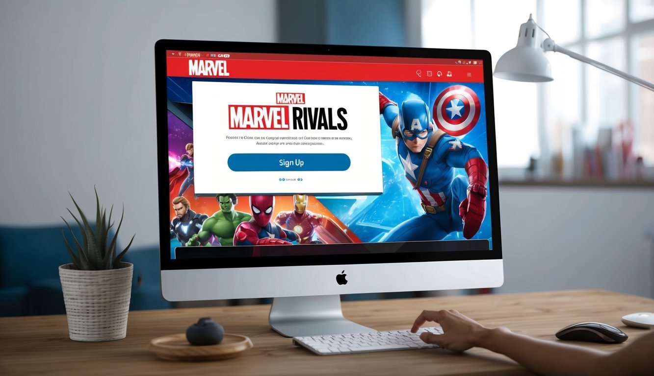 A computer screen displaying the Marvel Rivals website, with a cursor clicking on the "Sign Up" button