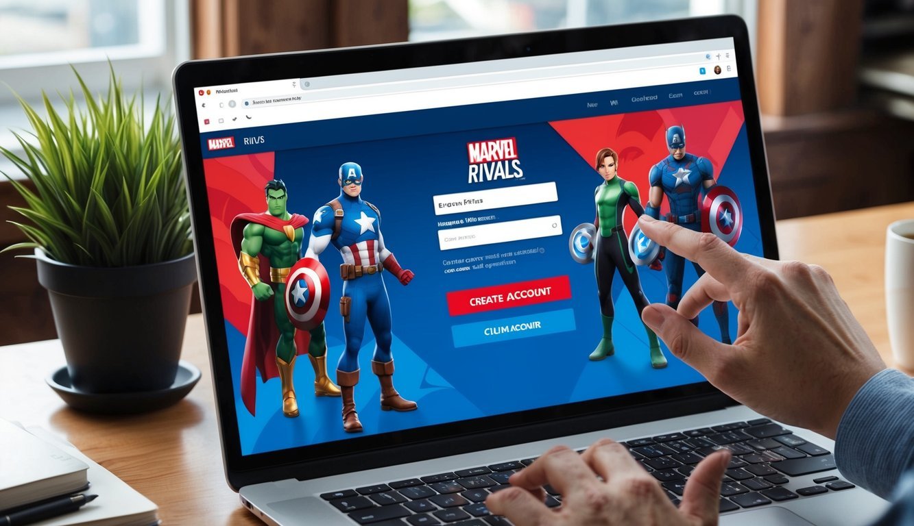 A computer screen showing the Marvel Rivals website with a sign-up form and a cursor clicking the "Create Account" button