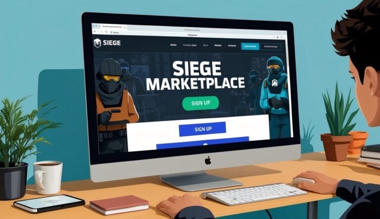 Person using a computer showing the "Siege Marketplace" website