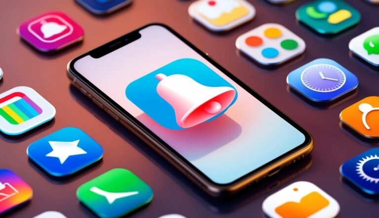 Smartphone with notification bell icon surrounded by app icons