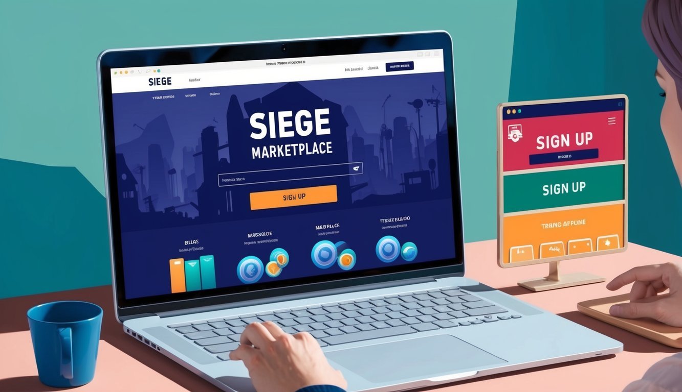 A computer screen with Siege Marketplace homepage open, showing the sign-up button and trading options