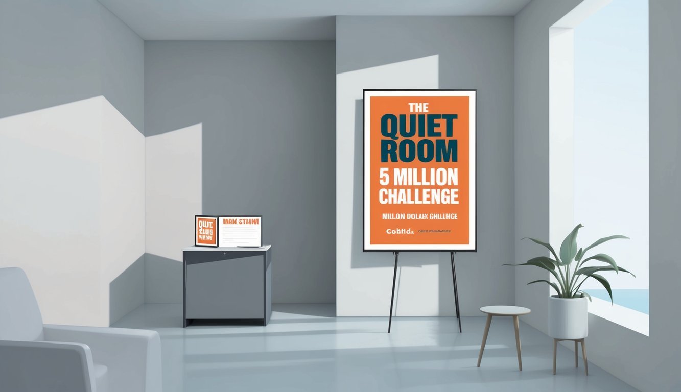 A serene, minimalist room with a sign-up station and a large, bold poster for the Quiet Room 5 Million Dollar Challenge