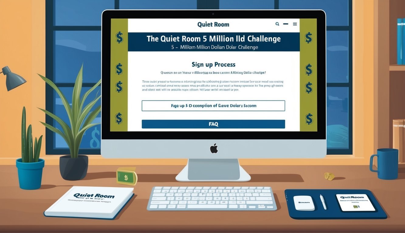 A computer screen showing the Quiet Room 5 Million Dollar Challenge sign-up process with a FAQ section