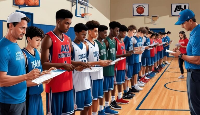 Basketball team and coaches reviewing paperwork on a court