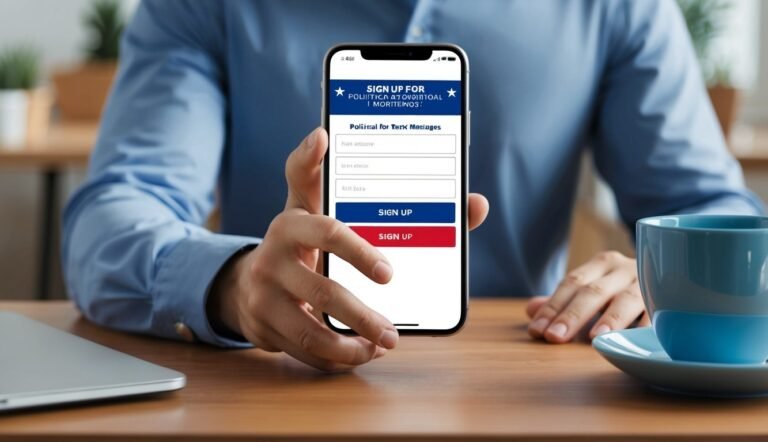 Man holding a phone with a sign-up form for political text messages
