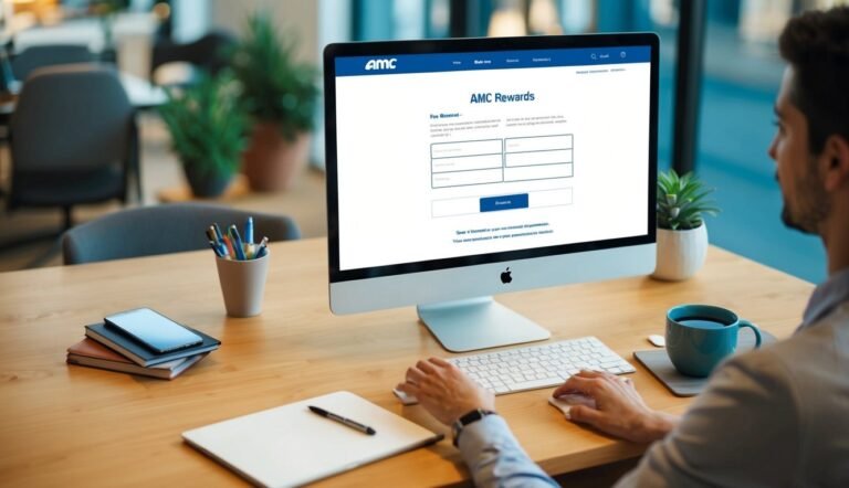 Man using computer with AMC Rewards page on screen, at desk
