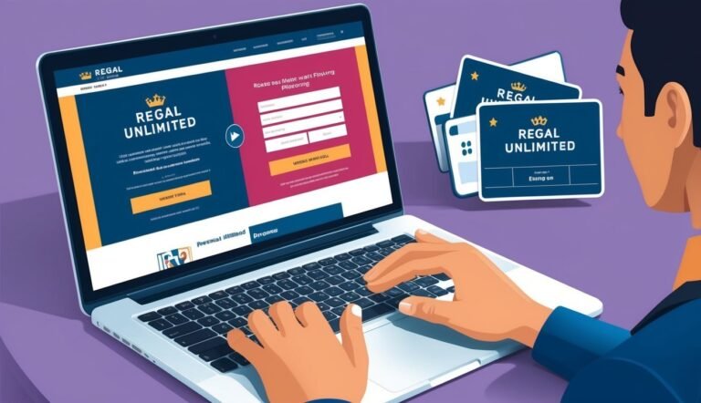 Person using a laptop with a Regal Unlimited website and cards