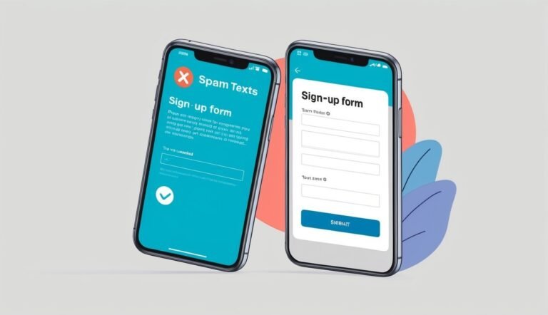 Two smartphones displaying sign-up forms for "Spam Texts" service