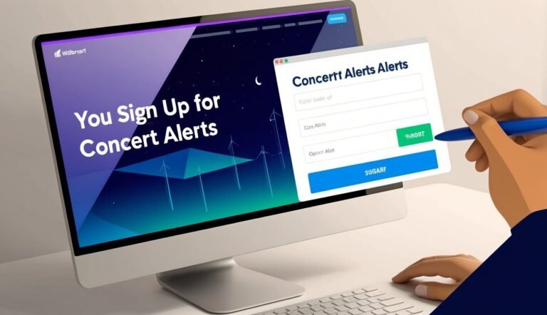 Computer screen with concert alert signup form, hand holding pen