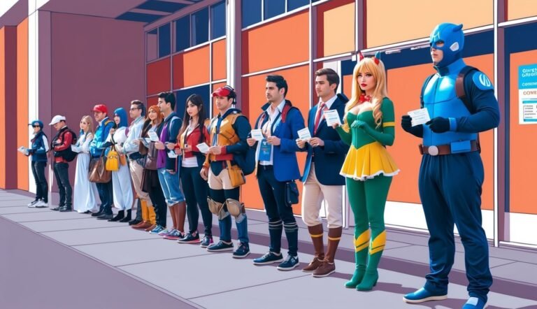 A line of people, including a superhero, holding tickets outside a building