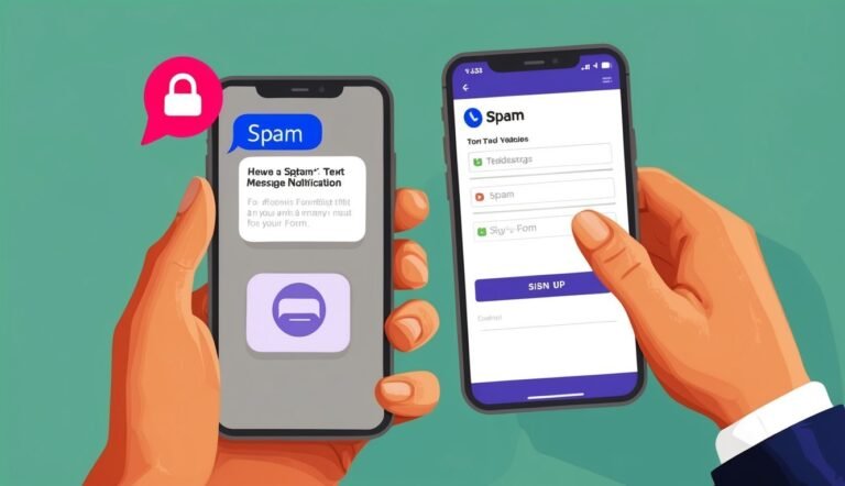 Two smartphones displaying spam messages and a sign-up form
