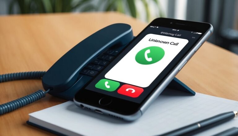 Smartphone displaying "Unknown Call" next to a landline phone on a desk