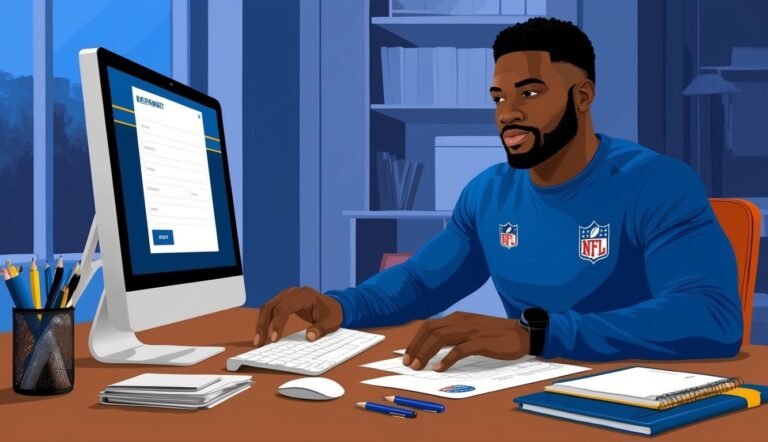 Man in NFL shirt working on a computer at a desk