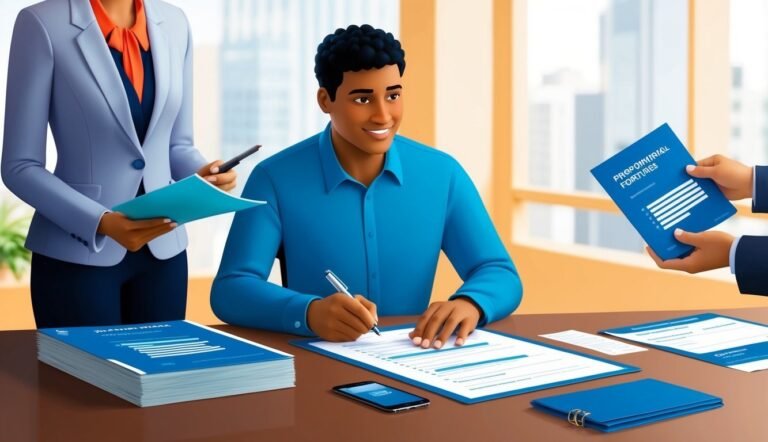 Man signing documents at a desk, with others holding paperwork