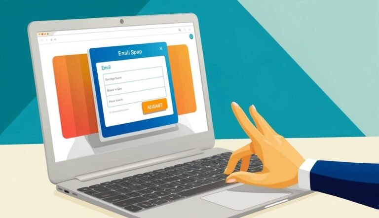 Laptop with email login form, hand reaching for keyboard, blue and orange background