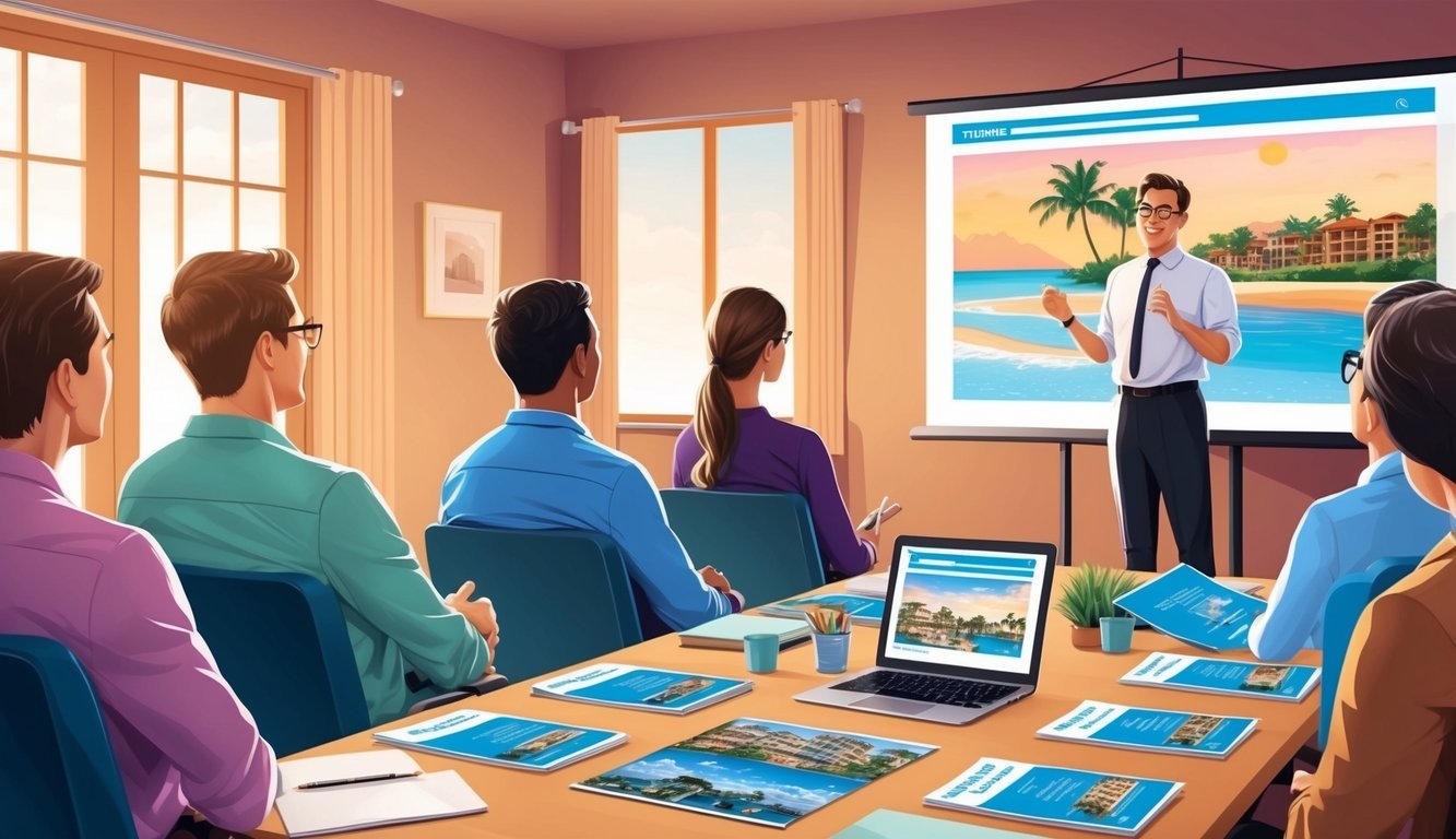 A group of people listening to a presenter at a timeshare presentation, with visuals and brochures displayed on a table