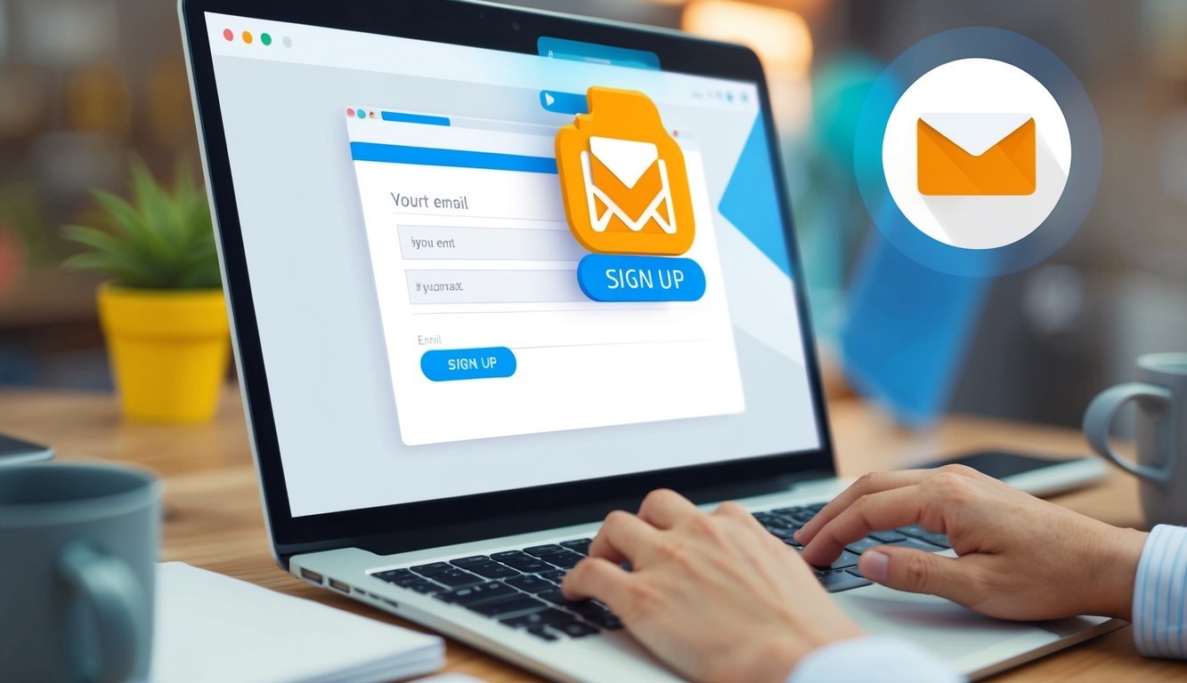 A computer screen showing a sign-up form with an email address being entered, while a spam email icon hovers in the background