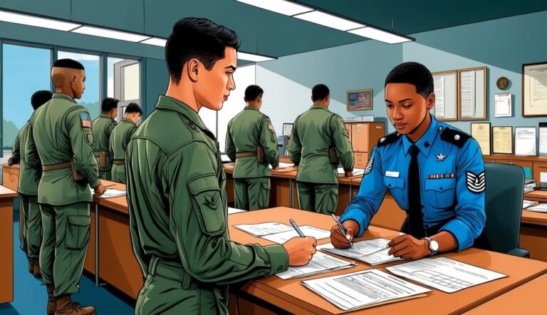 Military personnel in uniform reviewing paperwork at a desk in an office