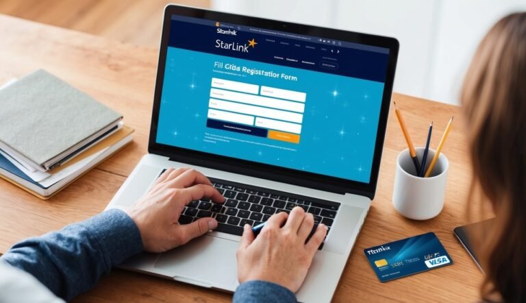 Person filling out a Starlink registration form on a laptop, credit card nearby