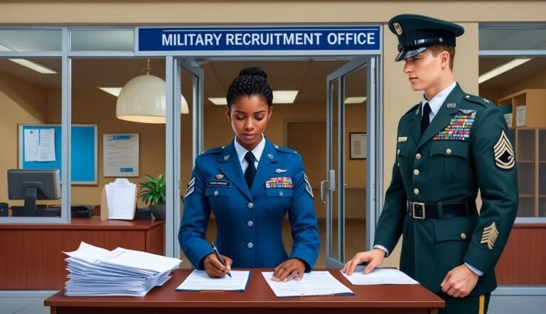 Two military personnel in uniform at a recruitment office, signing paperwork