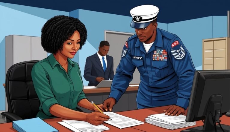 Woman signing documents with a Navy officer in an office setting