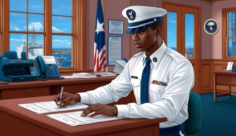 A Black Coast Guard officer in uniform writing at a desk