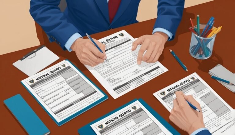 People filling out National Guard forms on a desk with pens