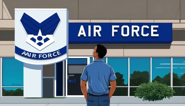 Man looking up at an "Air Force" sign and logo on a building