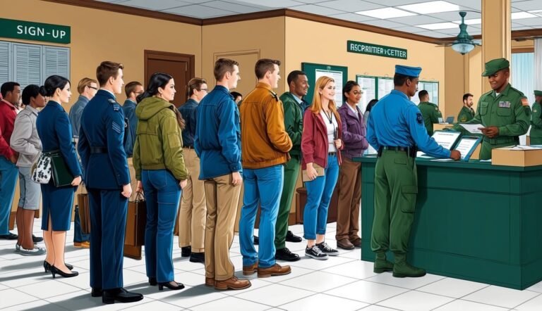 People line up at a sign-up desk, military personnel assisting