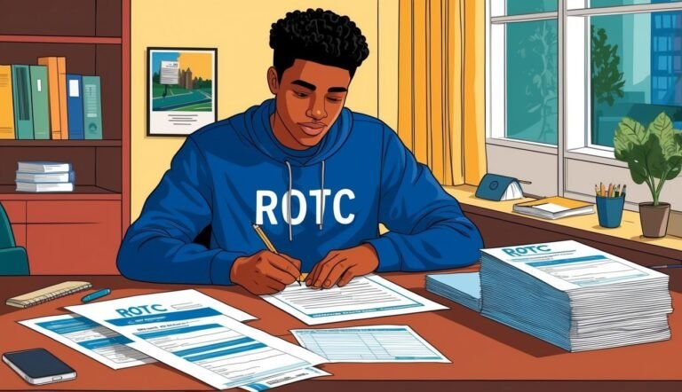 Young man in ROTC hoodie writing on paperwork at a desk