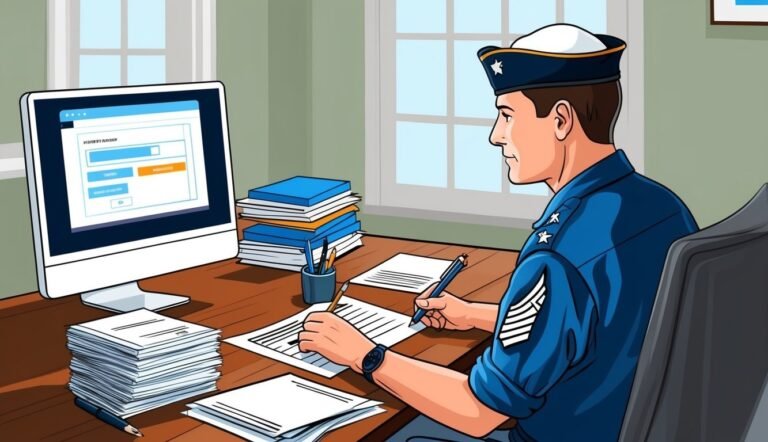 A uniformed man writing at a desk with a computer and paperwork