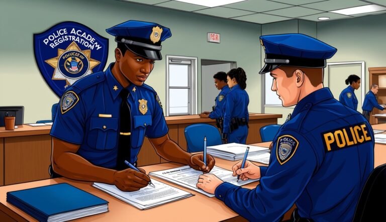 Two police officers in uniform filling out paperwork at a desk