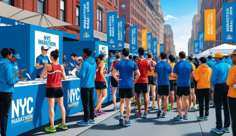 Runners registering for the NYC Marathon, with volunteers and city banners