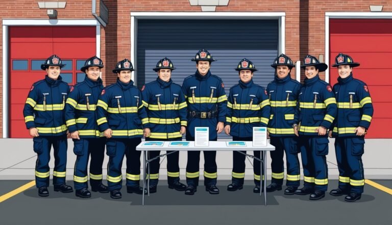 Group of nine firefighters in uniform standing in front of a station