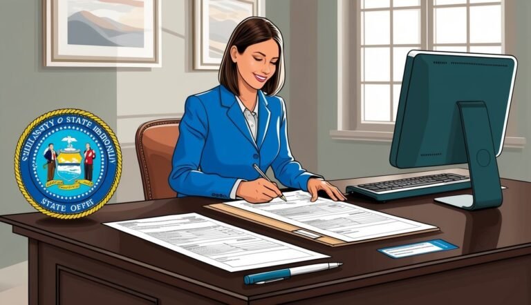 Woman in blue suit signing documents at a desk with a computer