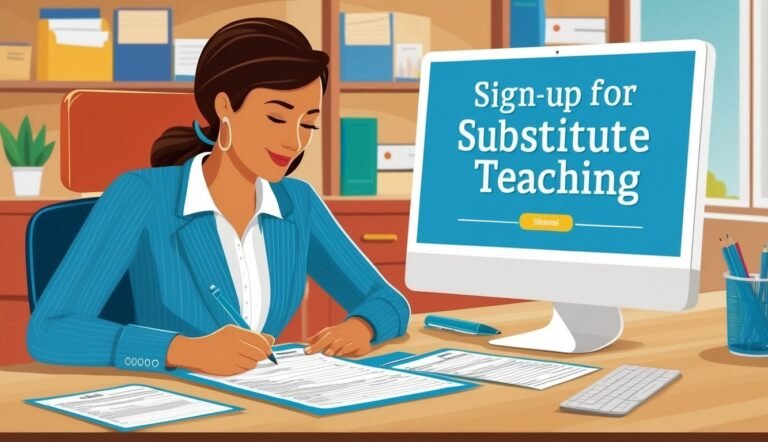 Woman signing up for substitute teaching, with computer screen in background