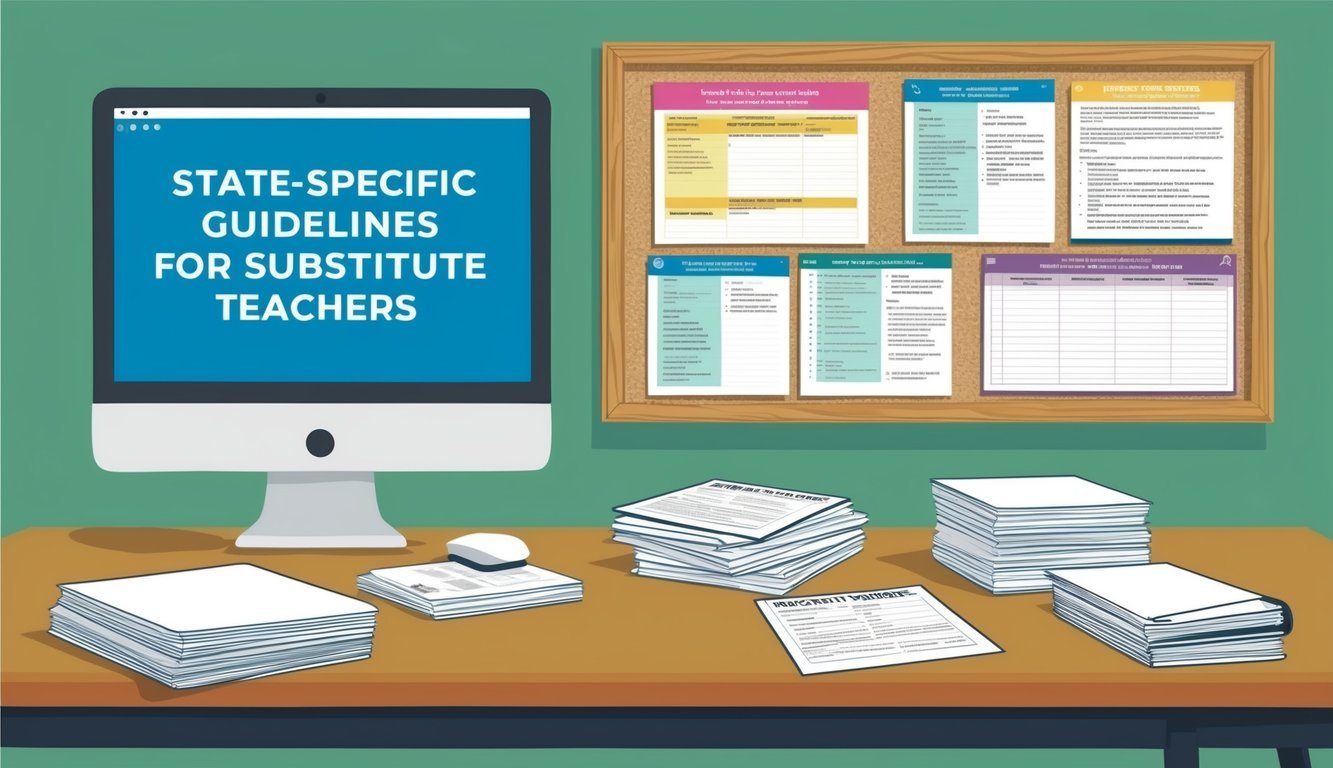 A teacher's desk with a computer, a stack of paperwork, and a bulletin board with state-specific guidelines and resources for substitute teachers