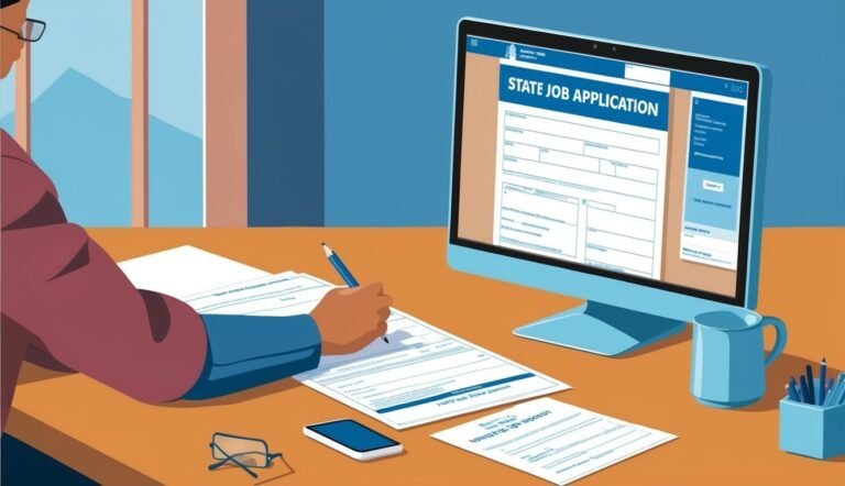 Person filling out a state job application on a computer and paper