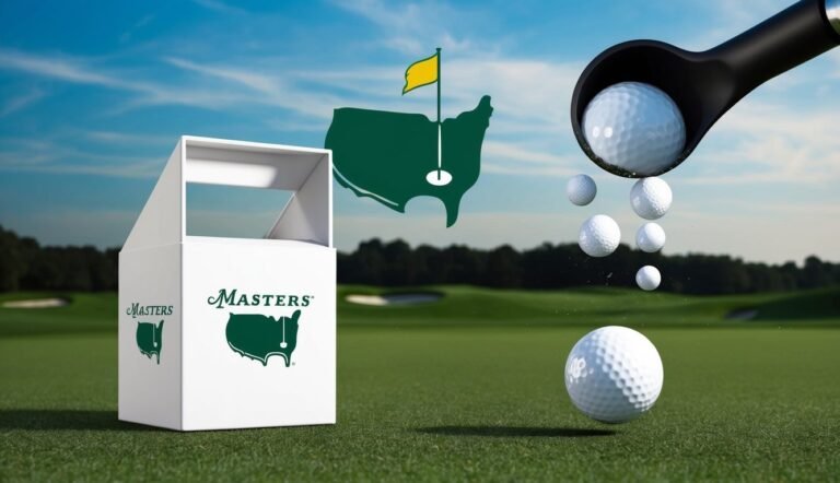 Golf balls, Masters logo, and golf course scene with a blue sky