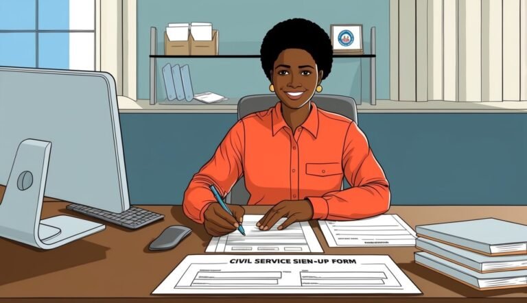 Smiling woman filling out a civil service sign-up form at a desk