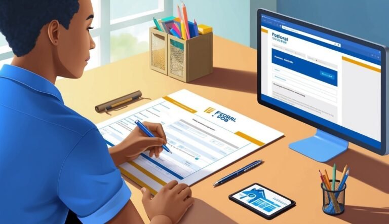 Person filling out a Federal Job form, with a computer and tablet nearby