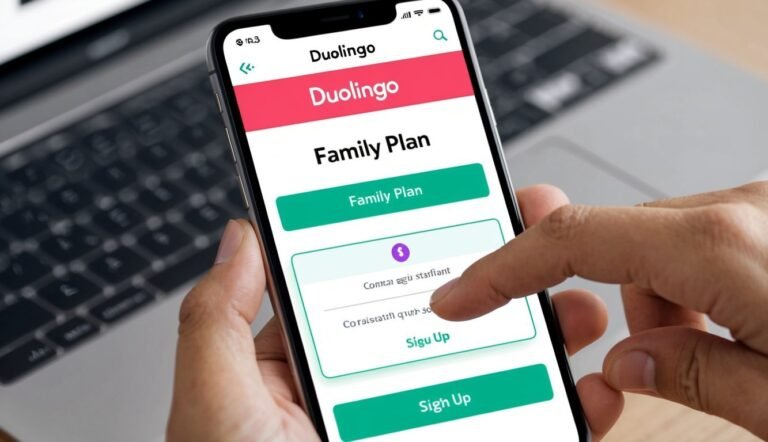Person's finger touching "Sign Up" button on Duolingo Family Plan screen
