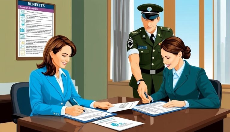Two women and a soldier signing documents at a desk