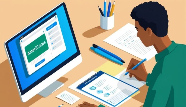 Man filling out paperwork with AmeriCorps website on computer